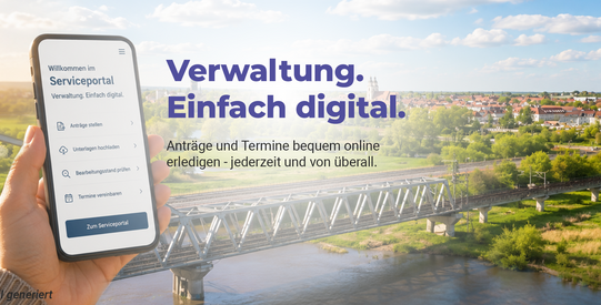 Stadt Wittenberg im Hintergrund und im Vordergrund wird ein Smartphone gehalten, wo das neue Serviceportal zu sehen ist.